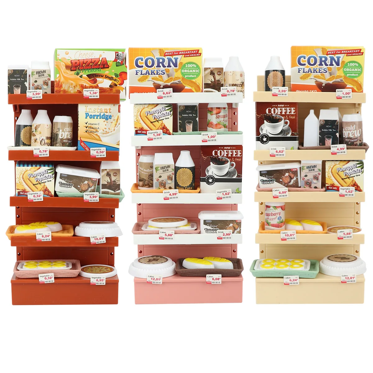 Prateleira de supermercado para crianças, brinquedos de simulação, comida em miniatura, ornamentos, casa de boneca, mini produtos aleatórios, modelo de rack de exibição de lanche