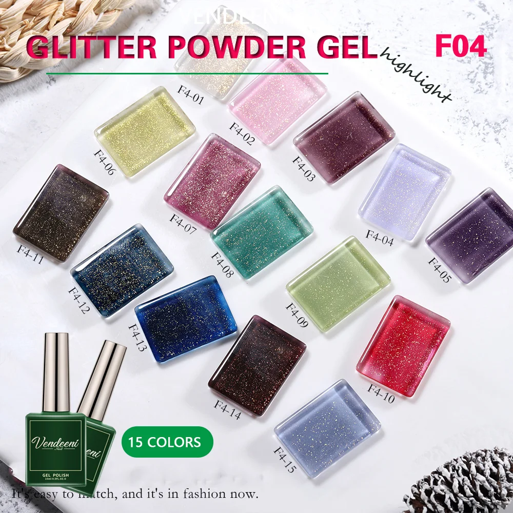 Vendeeni 15 Colors Highlight Glitter Holographic Gel Nail Polish Soak Off UV LED High Density Powder Nail Art Varnish