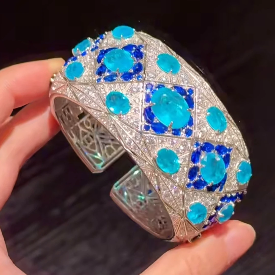 KQDANCE  925 Sterling Silver Carbon Diamond Lab Grown Sapphire Blue Paraiba Gemstone Cuff Bangle Bracelet Fine Jewelry for Women