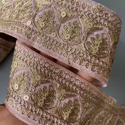 1 Yard Pink Gold Thread Lace Fabric Trim Ethnic Style Clothing Sequins Embroidered For Curtain Shoes Jacquard Ribbon Accessories