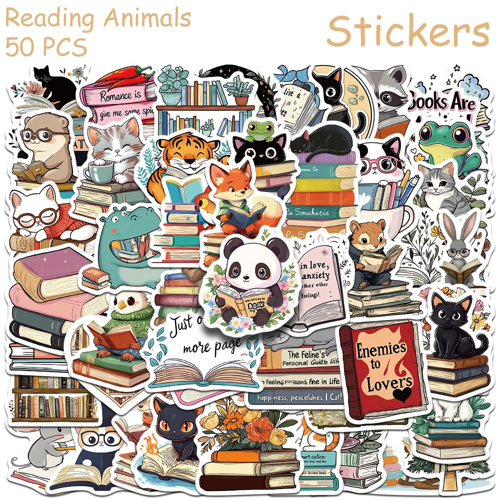 50pcs Reading Animals Panda Tiger Stickers Decals For Laptop Bottle Scrapbook Suitcase Wall DIY Creative Waterproof Stickers