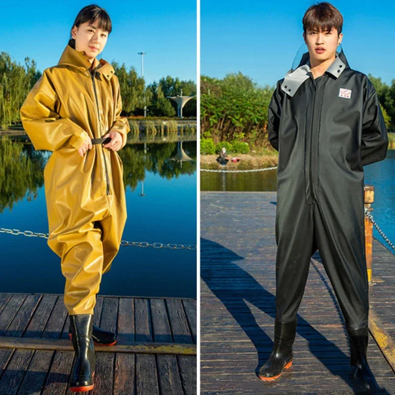 Fishing Waterproof Long Sleeve Wader Trousers Hooded Waders Pants With Boots Gloves Adult Overalls Set Fishery Apparel Gear Suit