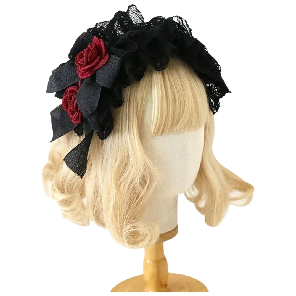 

Черно-красный кружевной головной убор в стиле Лолиты, кукла, как повязка для волос с узлом-бабочкой KC, готическая кукла Лолита, аксессуар на Хэллоуин
