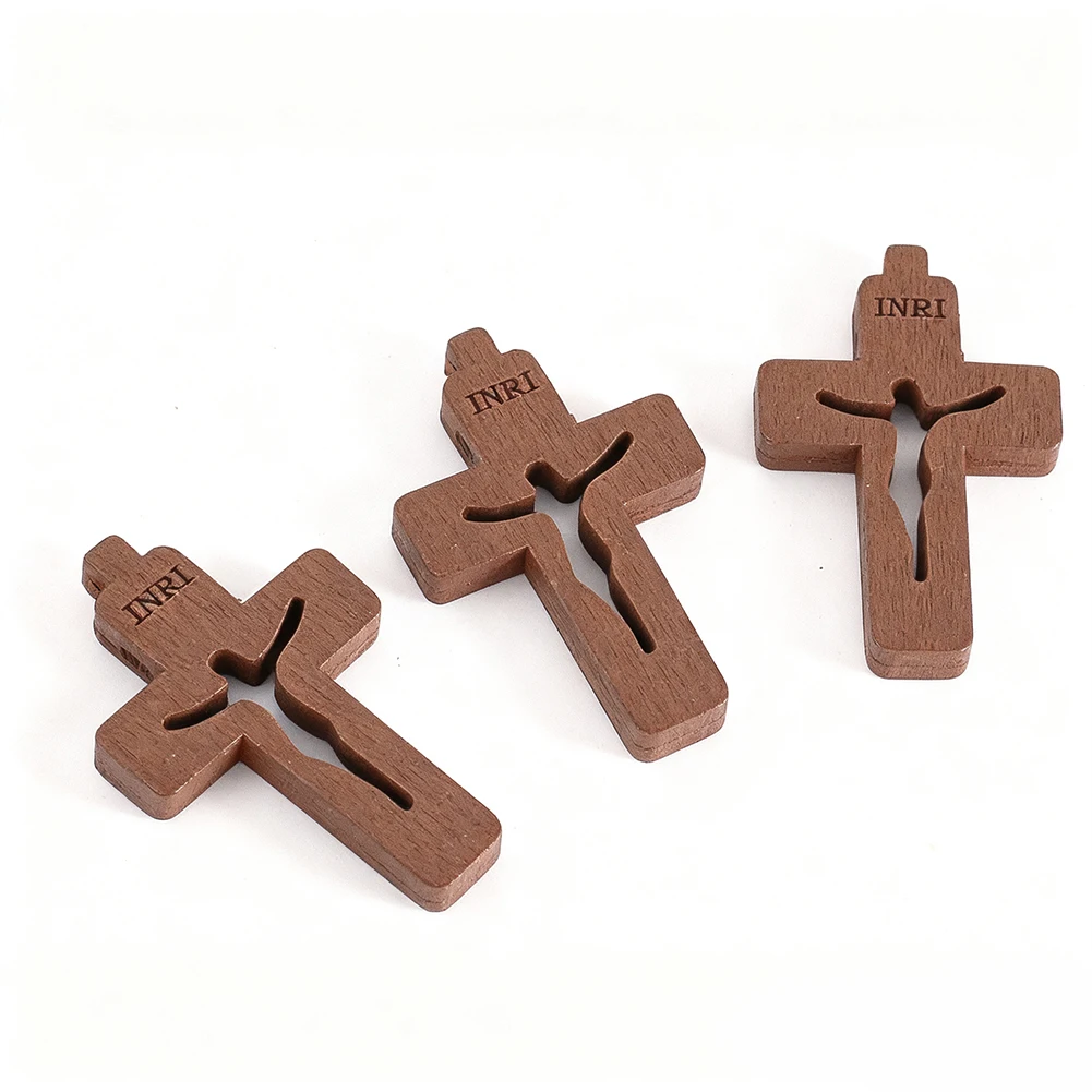 10pcs Mini Wooden Cross Pendant INRI Jesus Crucifix Prayer Cross Christian Easter Decor Baptism Gift Charms DIY Jewelry Keychain
