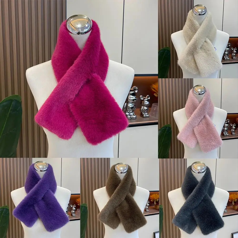 여성을위한 겨울 한국어 가짜 토끼 모피 스카프 부드러운 플러시 크로스 스카프 양면 솔리드 컬러 숄 모조 모피 스카프
