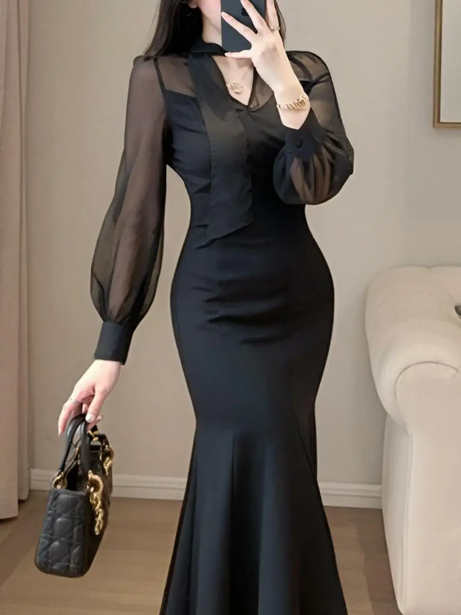 Ele Bla Fi Tail Dr High Waist A-Line Skirt Long Sve Vintage Sle Formal Gown Spring New Arrival Women's Faion