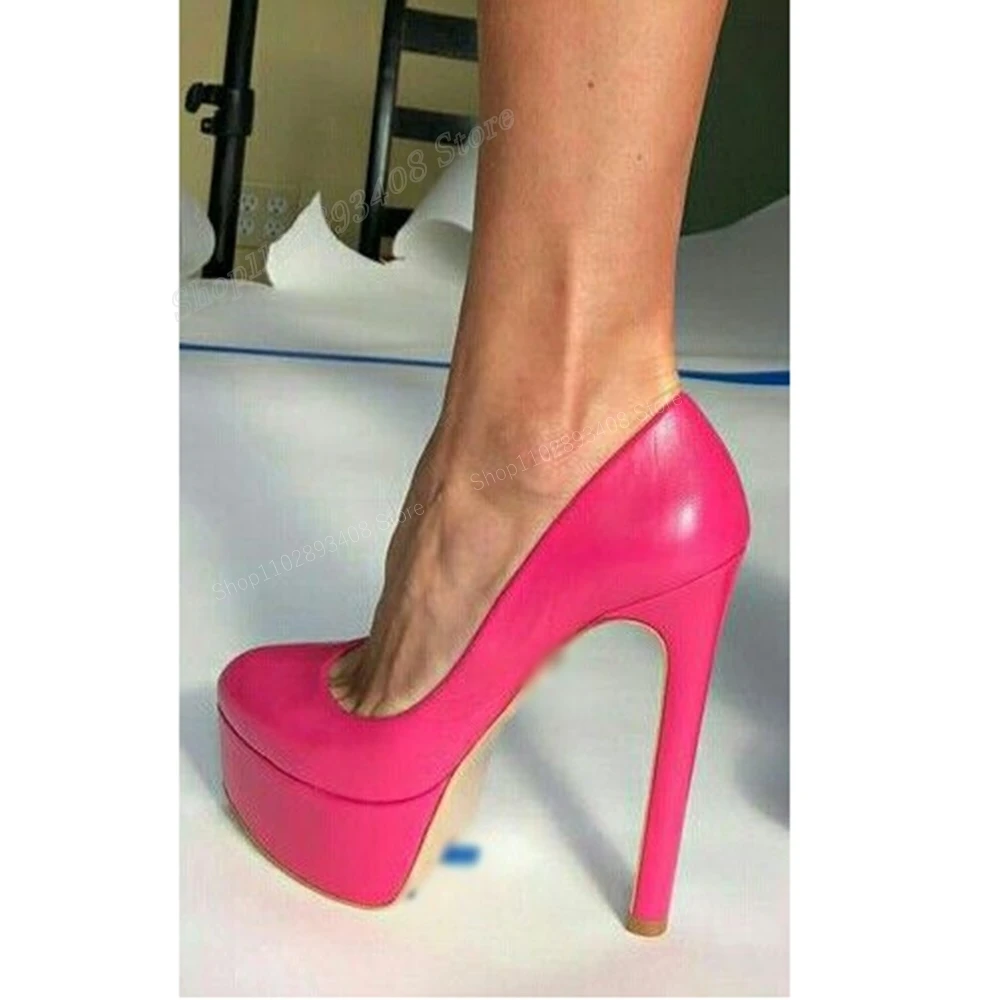 Bombas rasas de plataforma vermelha rosa para mulheres, salto alto estilete, dedo do pé redondo, couro fosco, sapatos sensuais, moda, novo, 2024