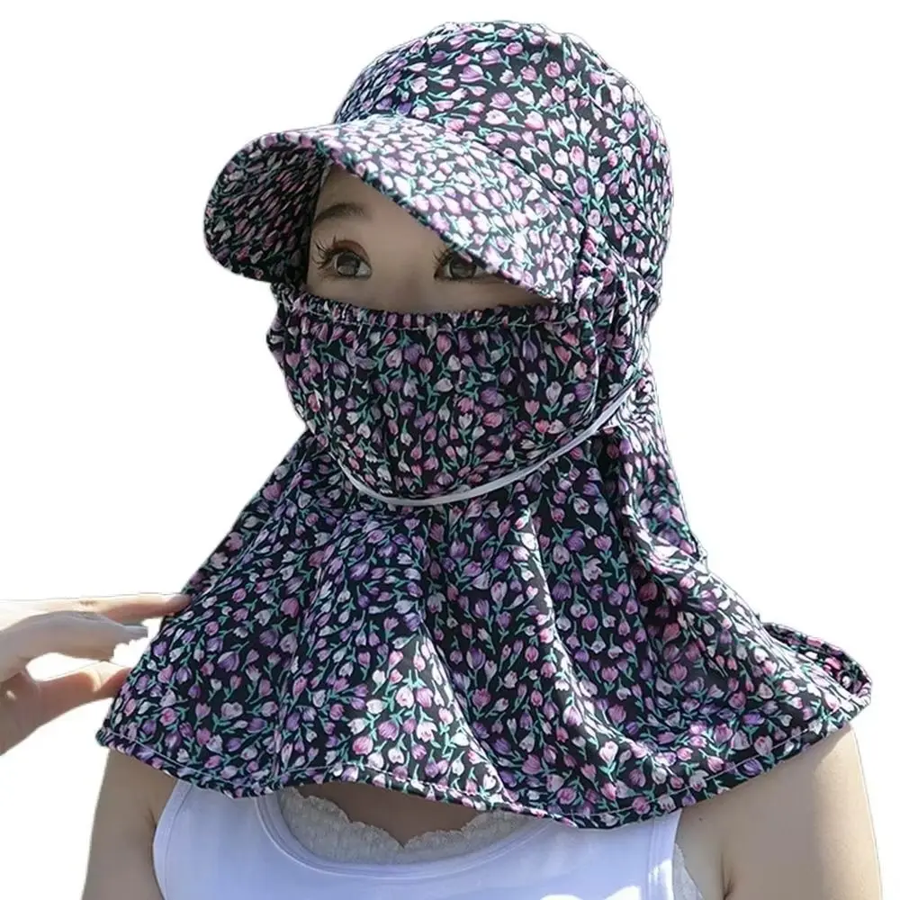 Ear Flap Women Sun Hat Flower UV Protection Neck Protective Cover Cap Baseball Hat Sun Protection Sunscreen Bucket Hat