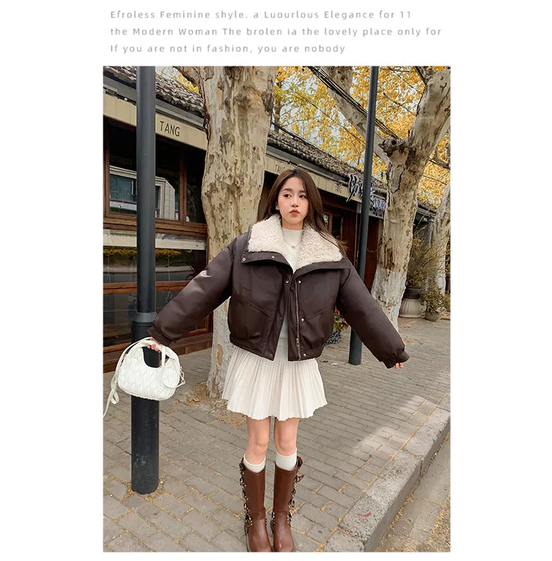 2026 Winter New Thick PU Leather Coat Women Cropped Fluffy Lapel Collar Padded Jacket Female Zip-up Streetwear Cool PU Parkas