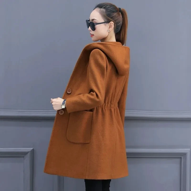 Women\'s hooded trench coat New autumn winter 2023 warm tweed jacket South Korea fashion elegant office ladies long coat