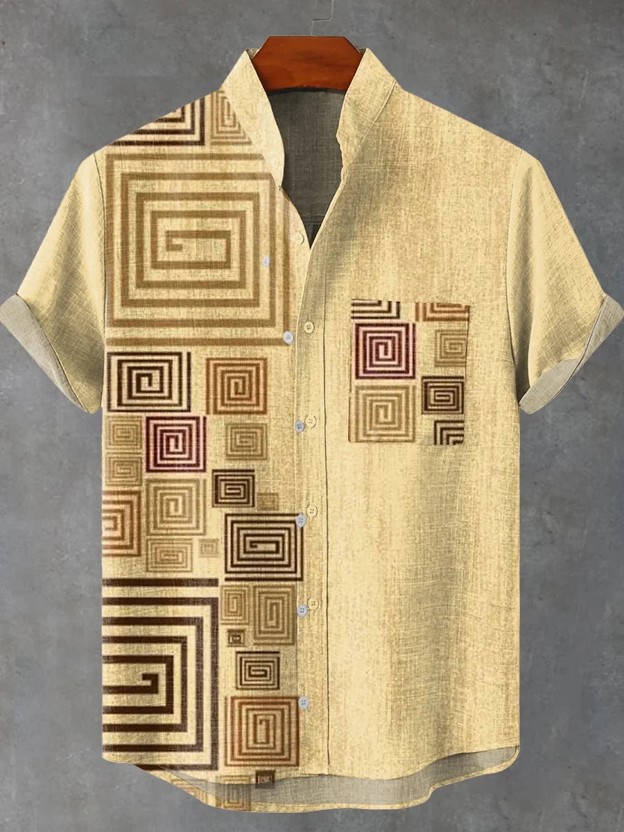 

New retro-style men's linen short-sleeved shirt top, fashionable and casual vacation street trend men's printed shirt
