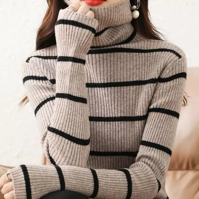 Women's Clothing 2023 Autumn and Winter Fashion New Trend Pile Collar Long Sleeve Temperament Versatile Commuter Stripe Sweater