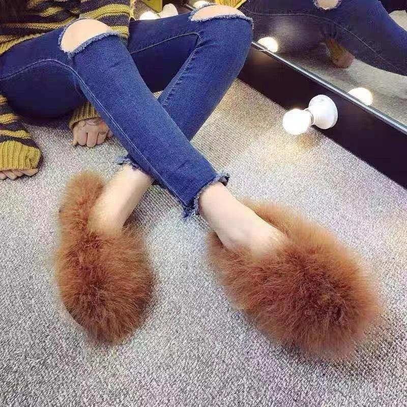 Bright Pink Fur Loafers Women Chic Fuffy Flats Ladies Winter Warm Plush Feather Shoes