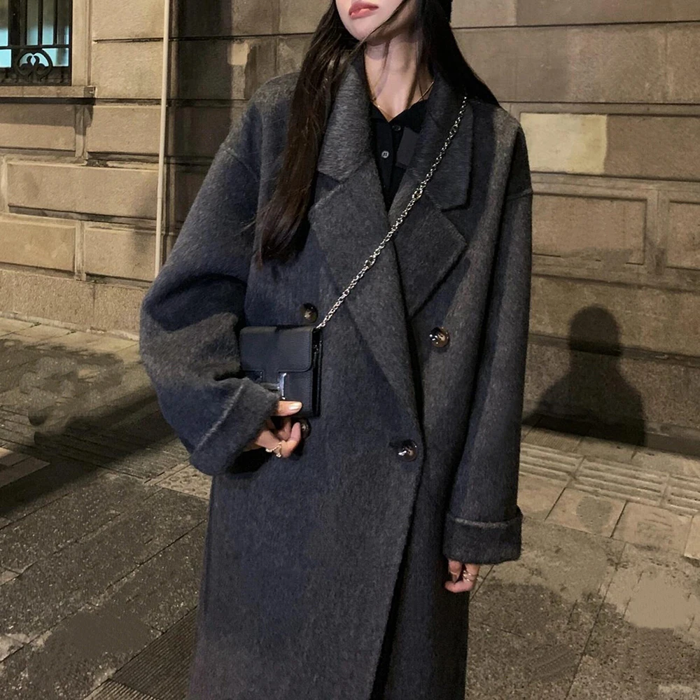 Black Gray High-Quality Double-Sided Cashmere Coat For Women, Winter Double-Breasted Casual Fashion Loose Style Woolen Coat