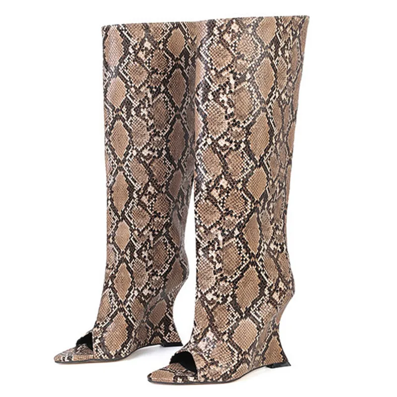 Botas Altas hasta la Rodilla de Piel Sintética Marrón para Mujer, con Punta Abierta, Tacón de Cuña Curvo, Estilo Sandalia Fruncida, Calzado Y2K para Fiesta y Calle