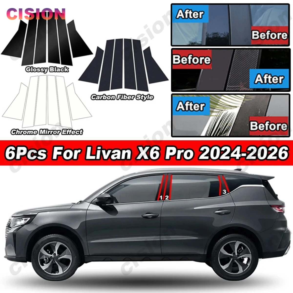 Glossy PC Pillar Post Cover For Livan X6 Pro EMC 7 Car Door Middle B C Column Trim Mirror Effect Anti Scratch Sticker Protector