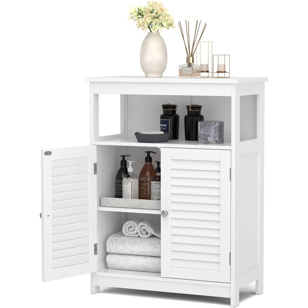 

Bathroom Floor Cabinet, Wooden Storage Cabinet with Double Shutter Doors & 3-Position Adjustable Shelf, Side Storage Orga