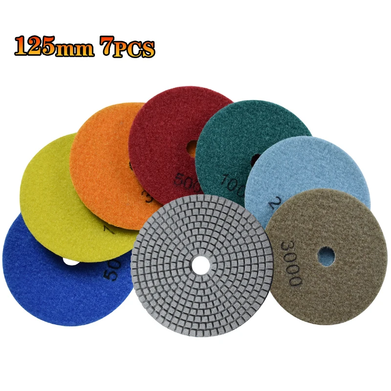 

125mm Diamond Polishing Wet Pads Professional Grade 5" 7Pcs Hook And Loop Repair Grinding Disk for Sanding Stone Marble Granite