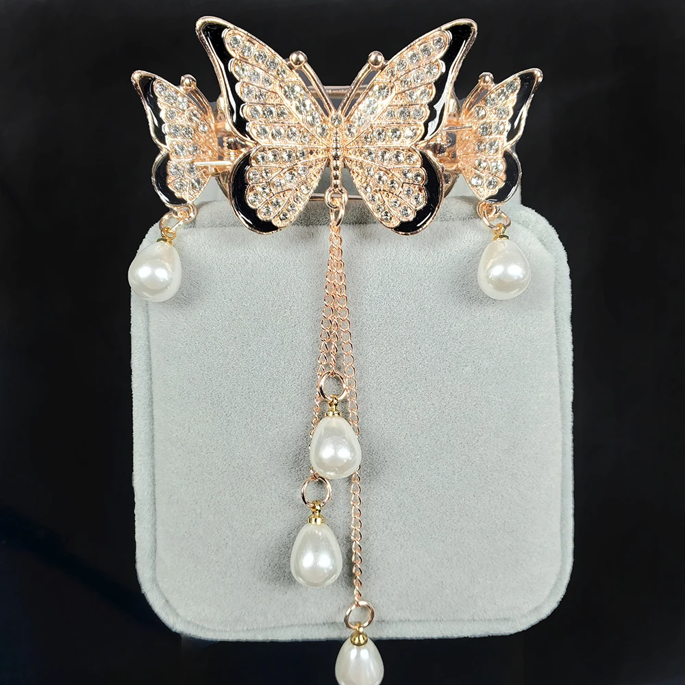 1pc Butterfly Hair Clips - Stunning Pendant Hair Clip with Tassel and Faux Pearl, Elegant Rhinestone Decor Ponytail Clip