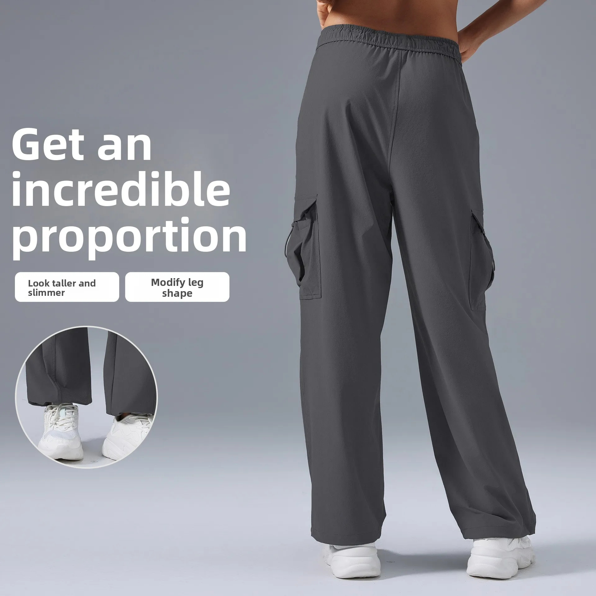 กางเกงทํางานขากว้างของผู้หญิงแฟชั่นลําลองอเนกประสงค์กีฬาหลวมขาตรงพร้อมความรู้สึกแขวน