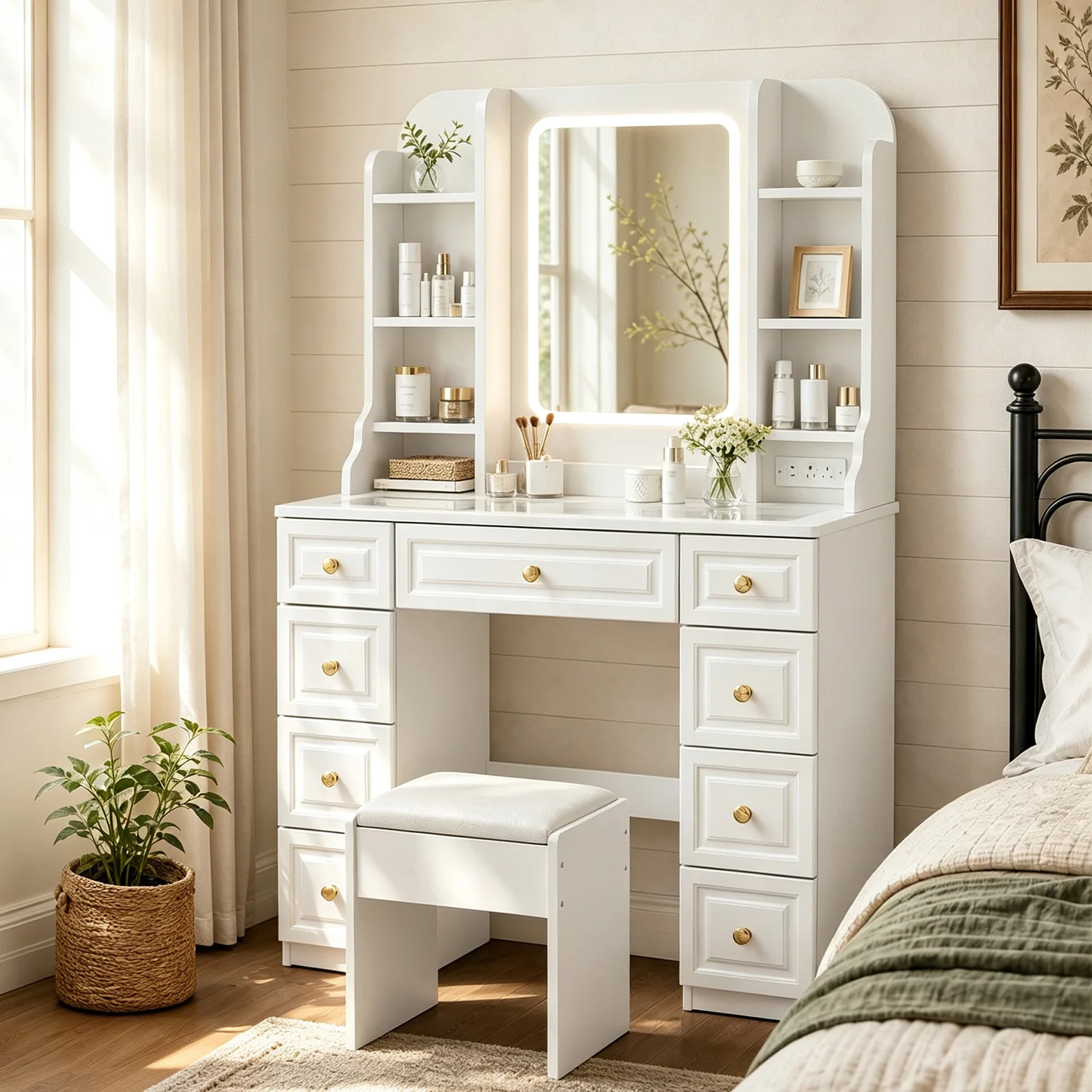 Makeup Vanity Desk With Lighted Mirror, Glass Top, 9 Drawers, Charging Station, Usb Ports, Stool And Storage Shelves For Bedroom