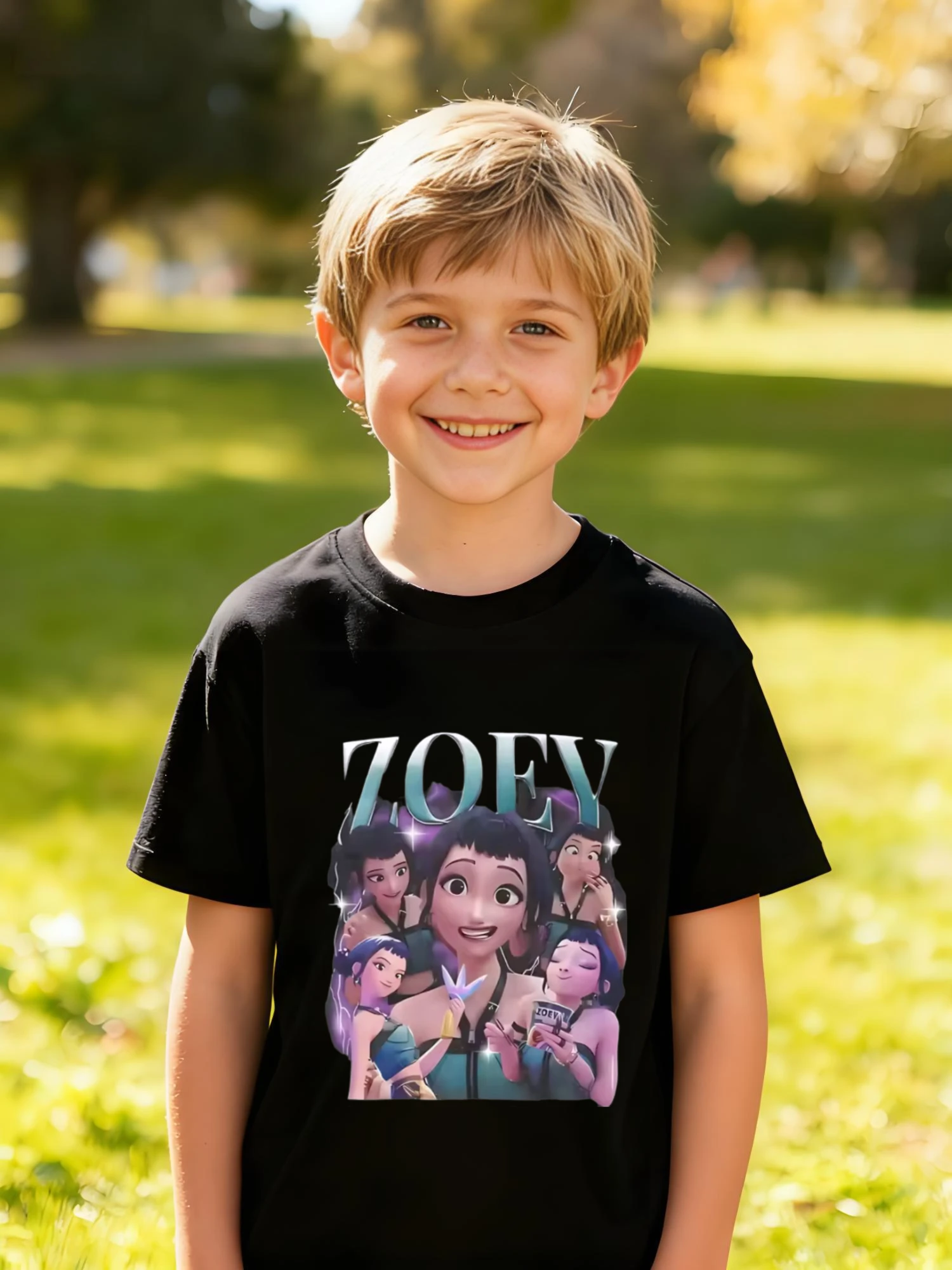 ​ T-shirt in cotone per bambini ZOEY Anime Girl Group con effetto testo sfumato per ragazzi e ragazze Moda stile Manga ​