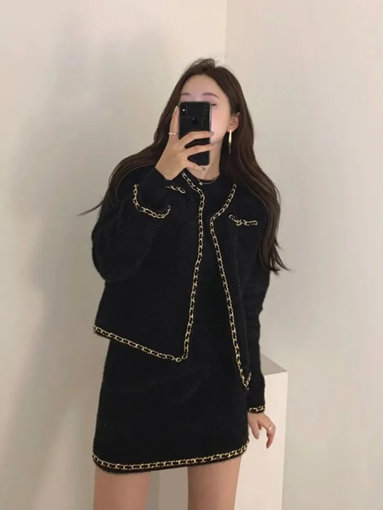 Lnsozkdg Skirt Suits Spring Autumn New Fashion Women Woolen Suit Jacket Black Coat Short A-line Skirt Office Lady Two-piece Set