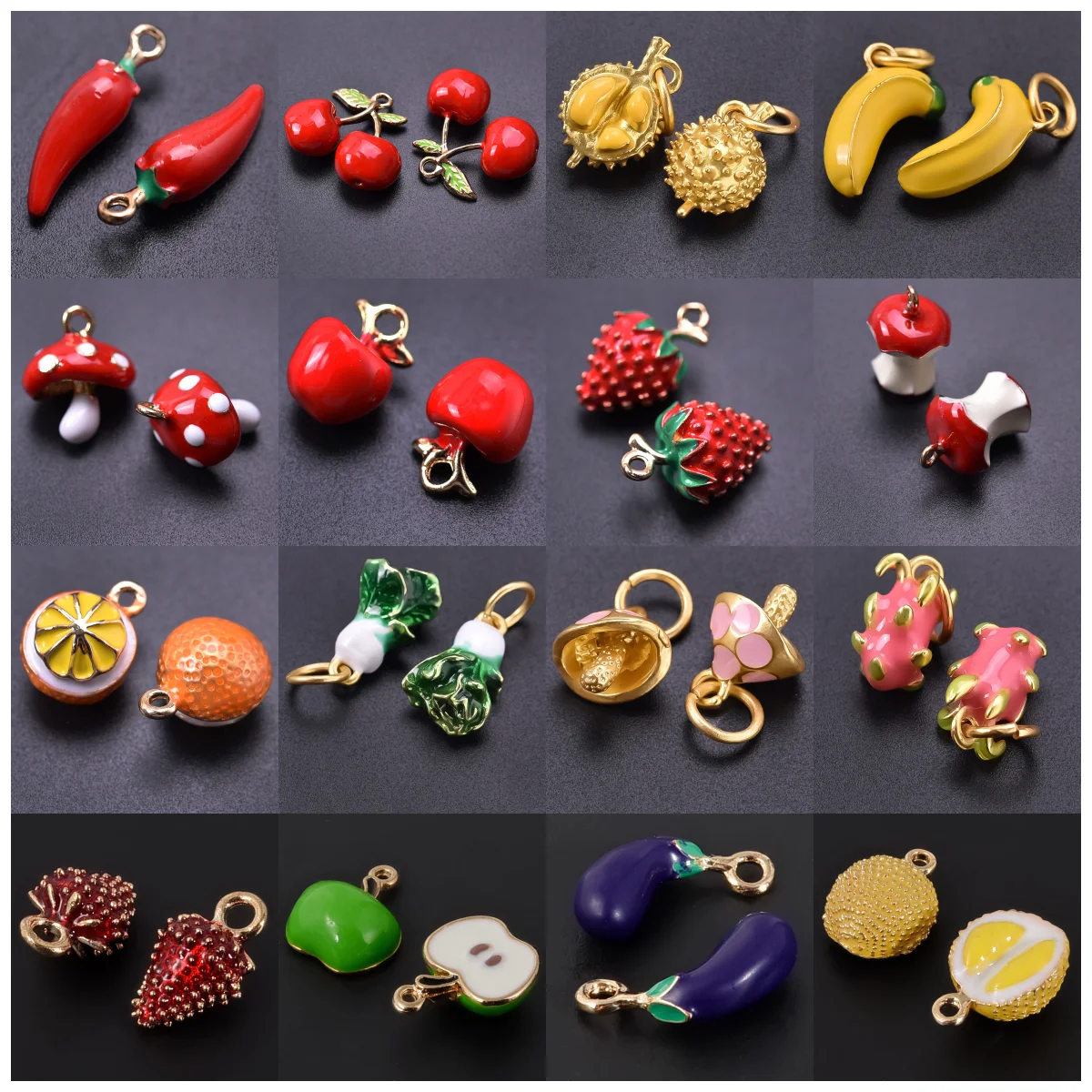 6pcs Lovely Cherry Strawberry Orange Durian Metal Enamel Charm For Jewelry Making Supplies 3D Alloy Pendant Diy Accessories Bulk