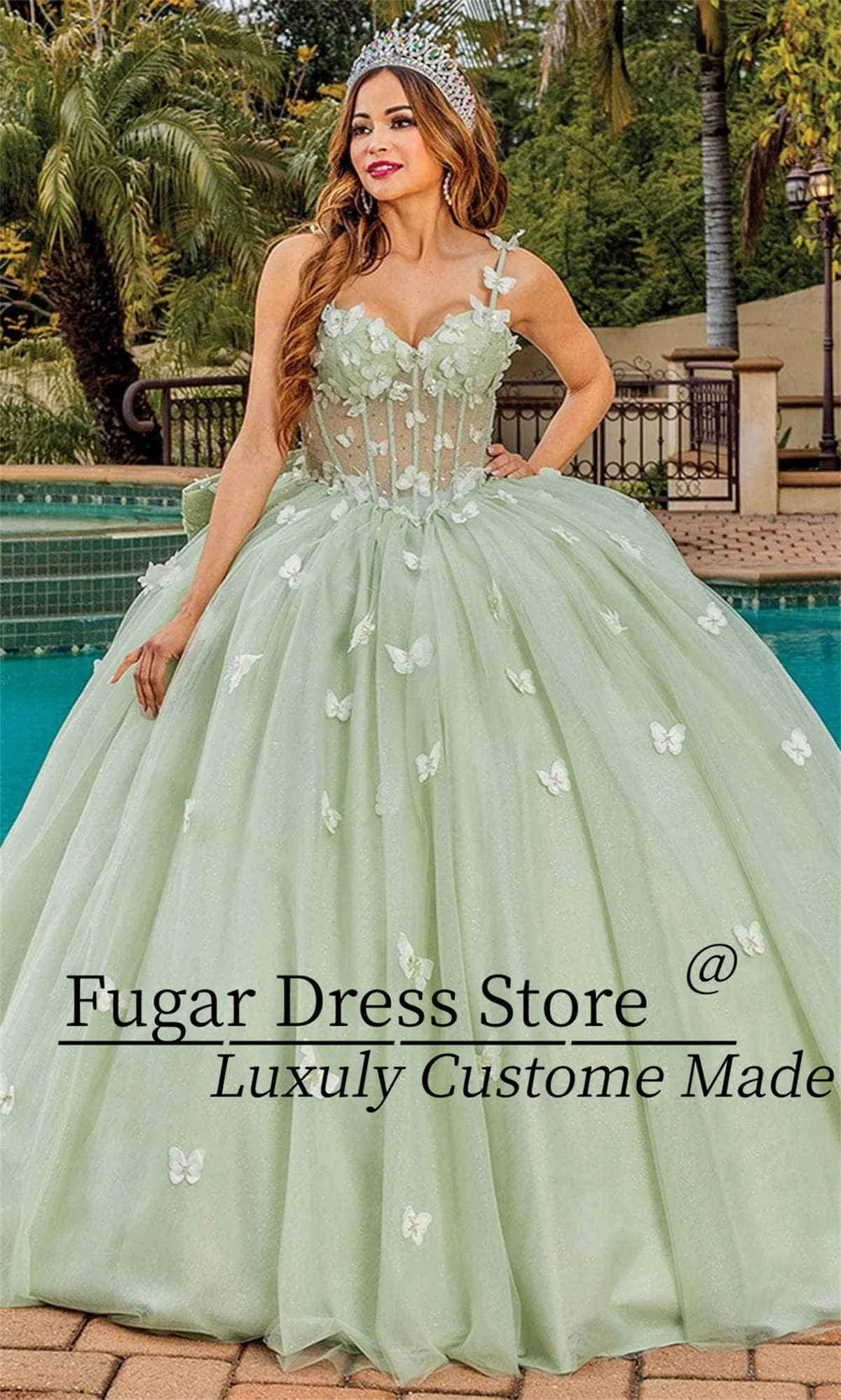 カスタマイズされたプリンセスキンセニエラドレスファッションバタフライアップリケシアーコルセットボーンオーバーサイズボウスイート15ガールズボールガウン