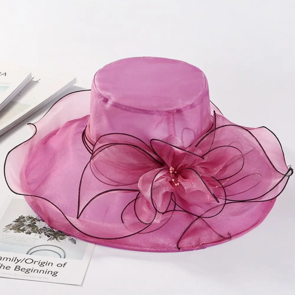 Solid Color Flowers Women Derby Hat Organza UV Protection Summer Ruffles Sun Hat Wide Brim Foldable Bridal Tea Party Wedding Hat