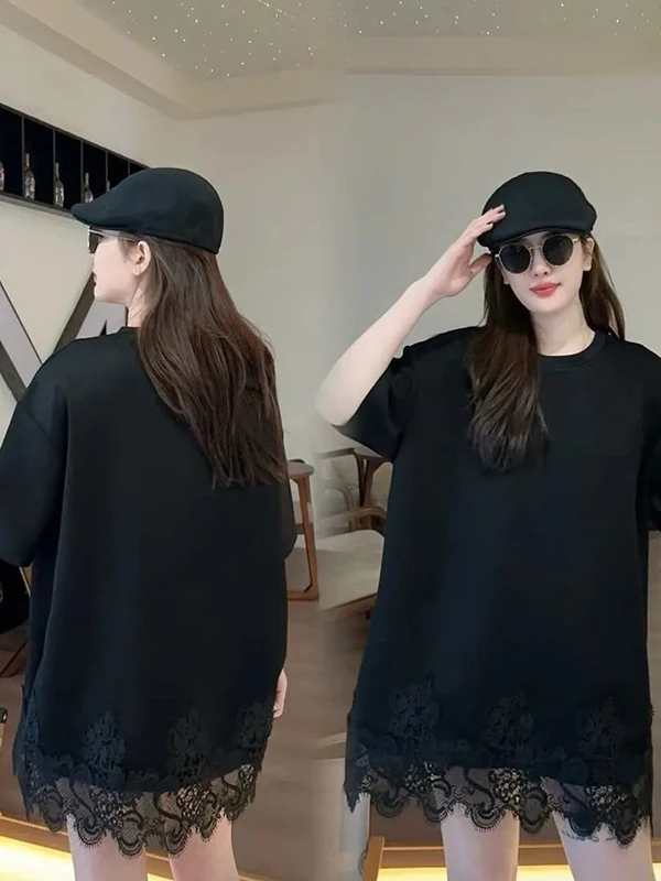 Slimming Large Size Lace Hem Short Sleeve Summer T-Shirt Loose Butt Covering Ribcage Exposing Fashionable Mid-Length Top