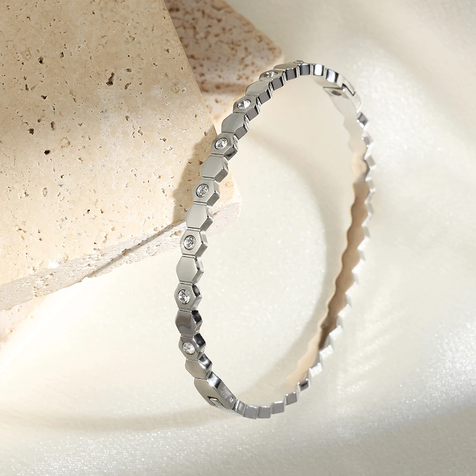 Luxury Unique Double Crystal Nail Head Cross Stainless Steel Bracelet For Woman Love Wedding Gift Bangle Jewelry image 5