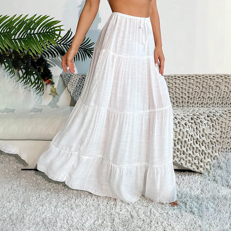 Sexy Pure Color Bikini Swimwear Casual Beach Dress Women's High Waist Long Skirt Cake Style Loose Fit Summer 2025