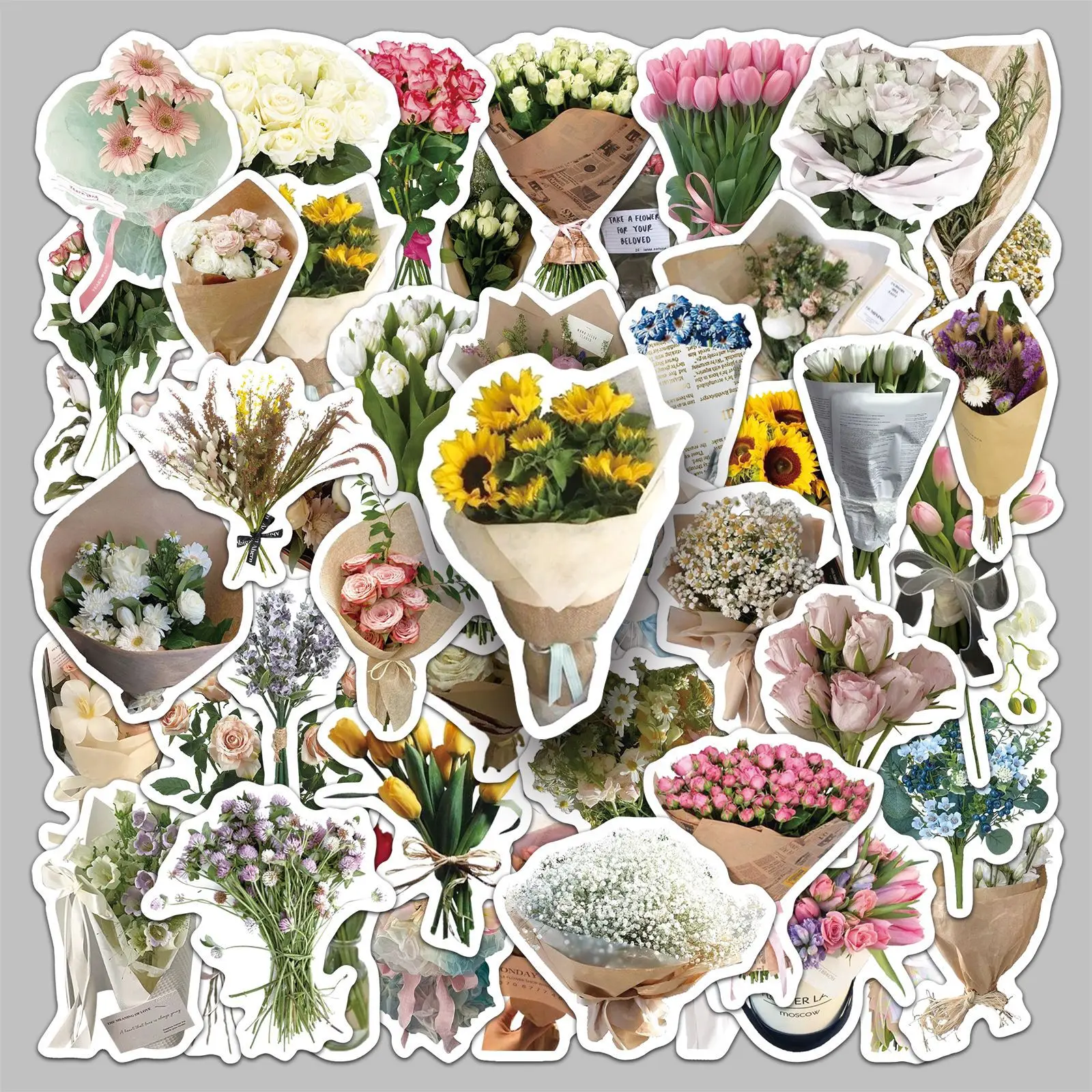 

50PCS Ins Aesthetic Flower Bouquet Stickers Cute Floral DIY Decorative Notebook Girls Gift Wrapping Waterproof Stickers Kids Toy