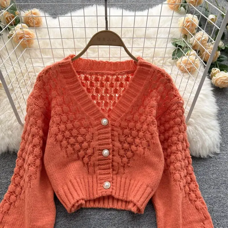 Orange Hollow out Acrylic Knit Lantern Sleeve V-Neck Women\'s Cardigan Single Breasted Sweater Cardigan For Women Clothing 2024