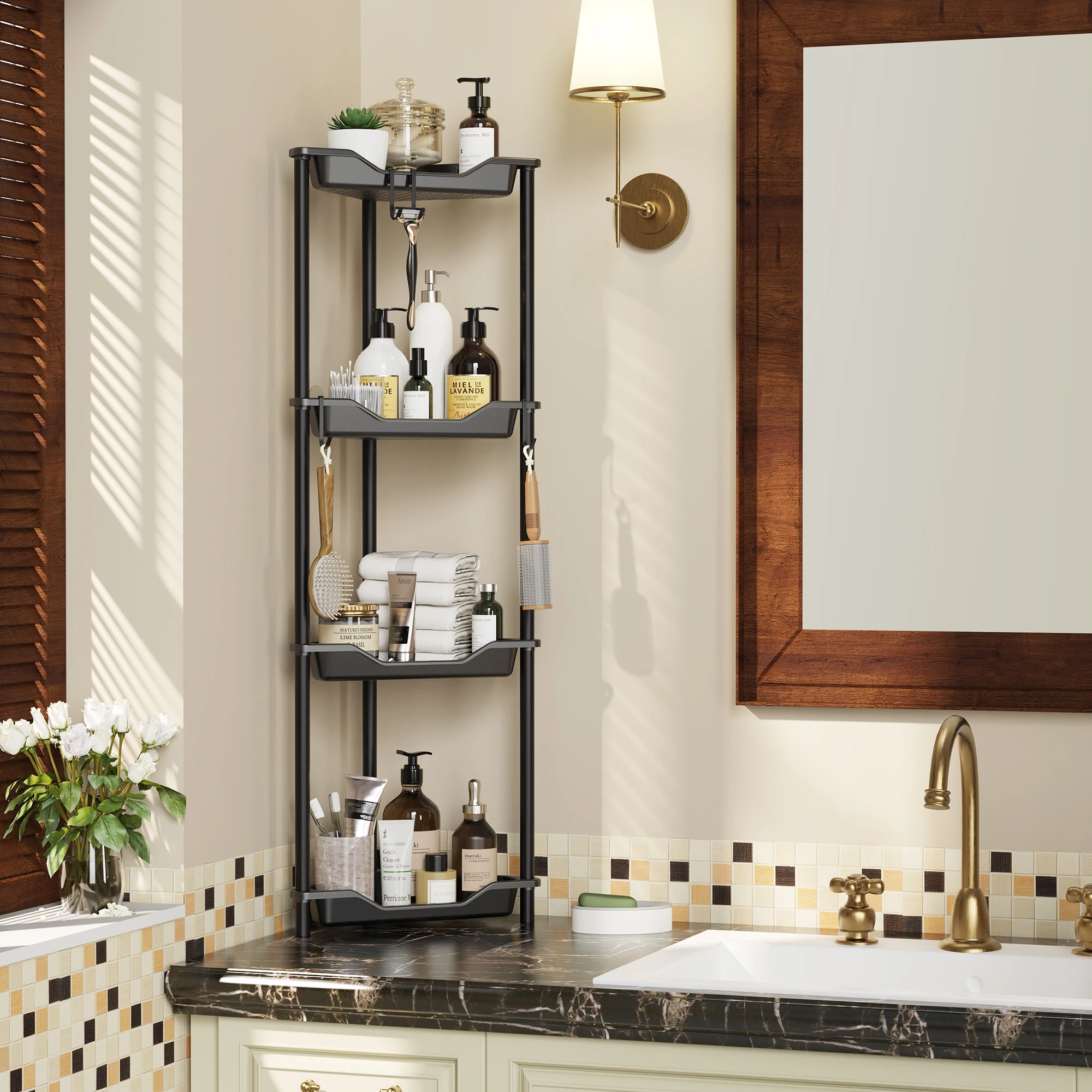 3/4-Tier Corner Shelf Unit - Spacious Storage with Practical Hooks   Floor-standing Corner Shelf,Storage Rack With Hooks