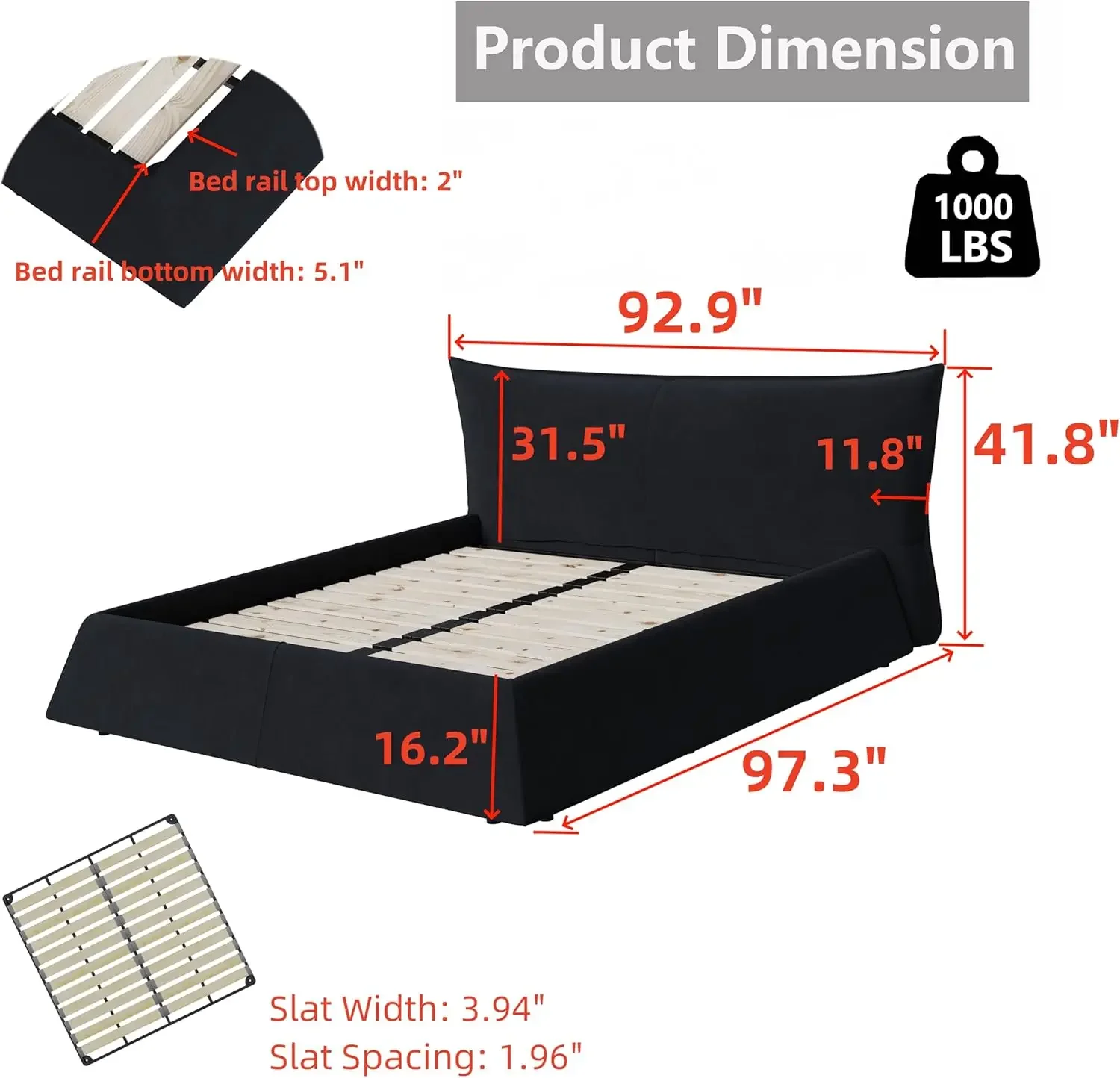 King Size Bed Frame with Oversized Padded Backrest,Special Shaped Bed Frame with Big Thick Velvet Headboard,No Box Spring Needed