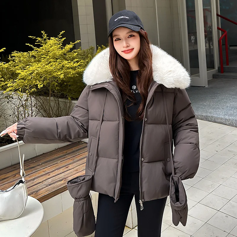 

2026 пуховая хлопковая короткая стеганая куртка, женские парки больших размеров с меховым воротником, осенне-зимние плотные пальто, женская черная повседневная верхняя одежда