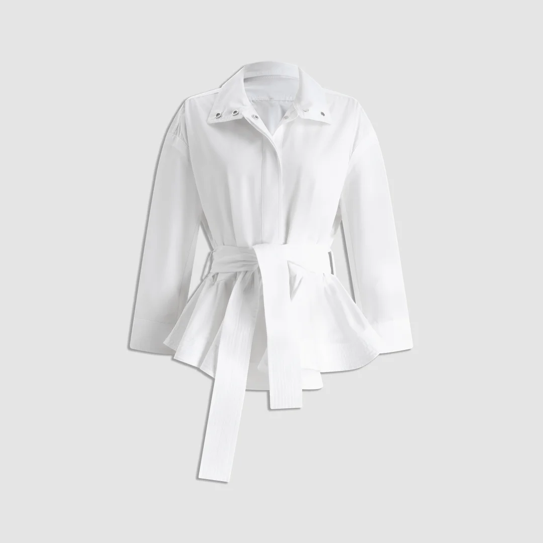 2026 Pure Cotton Peplum Jacket with Ruffled Hem &Self-Tie Belt–Classic White Shirt Collar Outerwear for Spring & Summer Layering