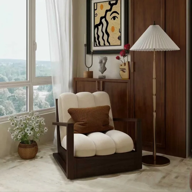 Simple wabi-sabi wind solid wood single small sofa American retro solid wood leisure chair