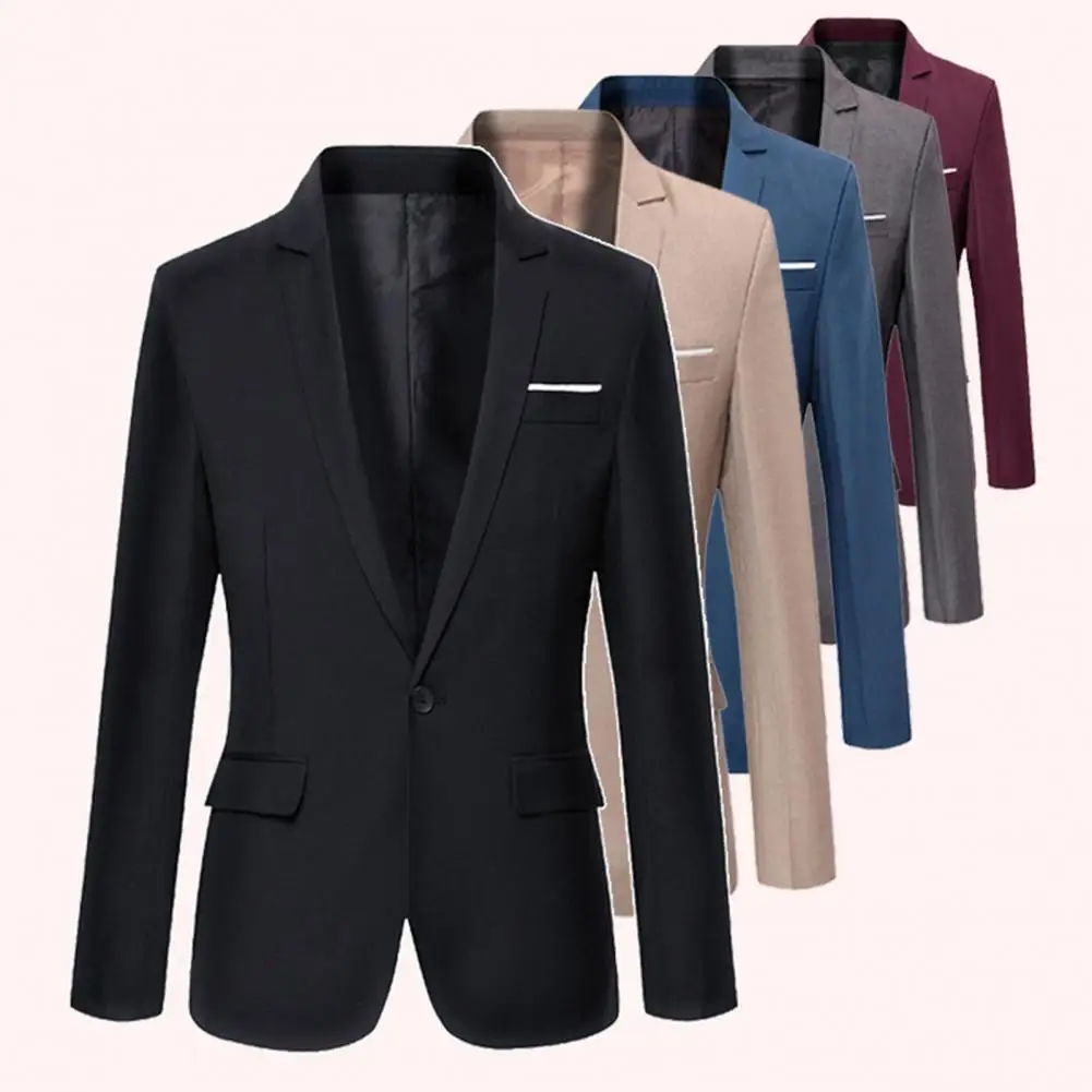 

2026 Business Men Blazer Classic Flap Pockets Long Sleeve Men Blazer Solid Color Single Button Men Formal Blazers Male Clothing