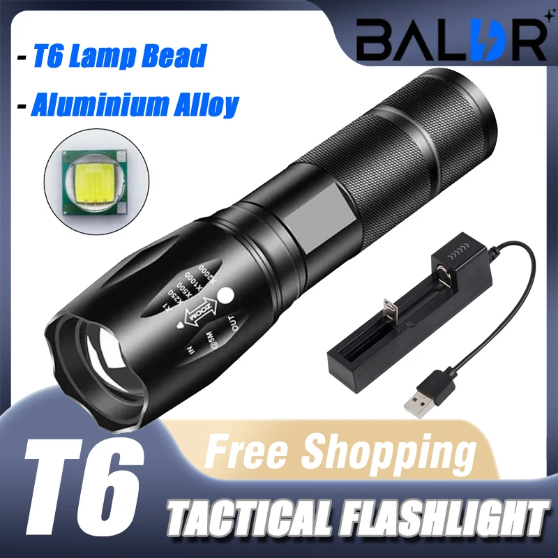 

T6 Tactical Flashlight 5 Modes Aluminum Alloy LED Flashlights Using 18650 Rechargeable Battery Torch Outdoor Self-defense Lamp