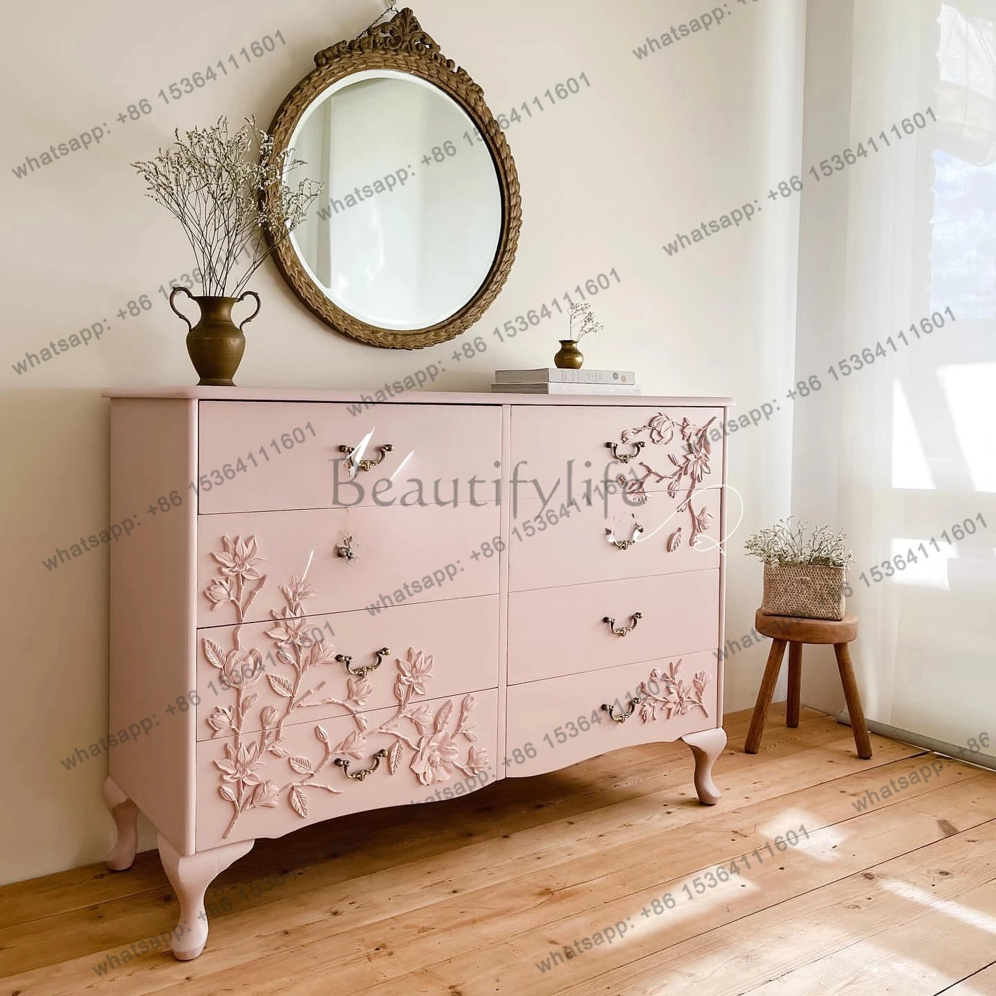 French retro solid wood pastoral hand-carved pink living room wall chest American simple bedroom locker