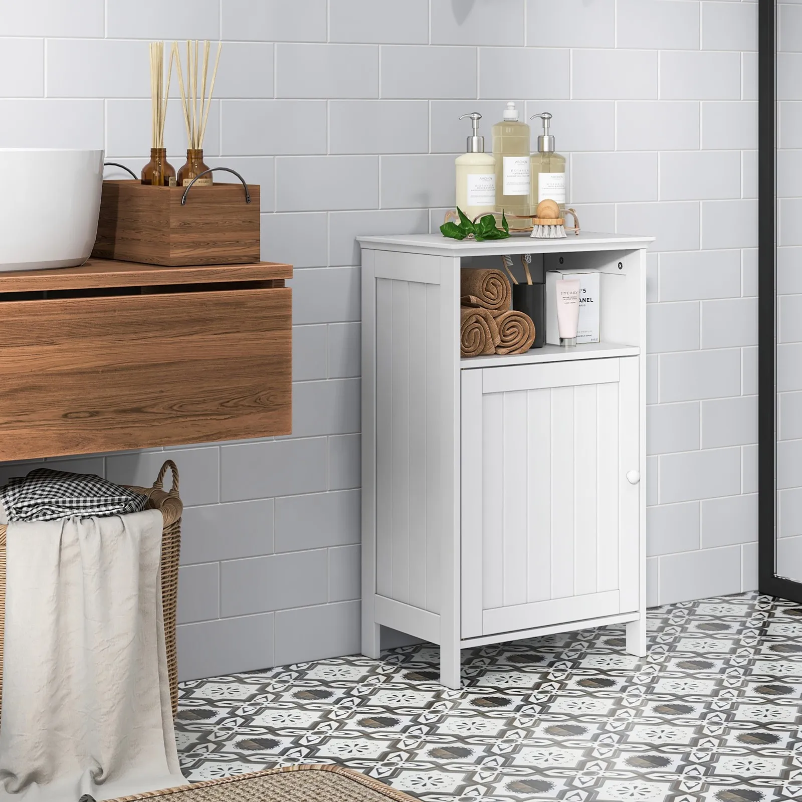 

Bathroom Floor Storage Cabinet Side Table Adjustable Shelf Organize Freestanding
