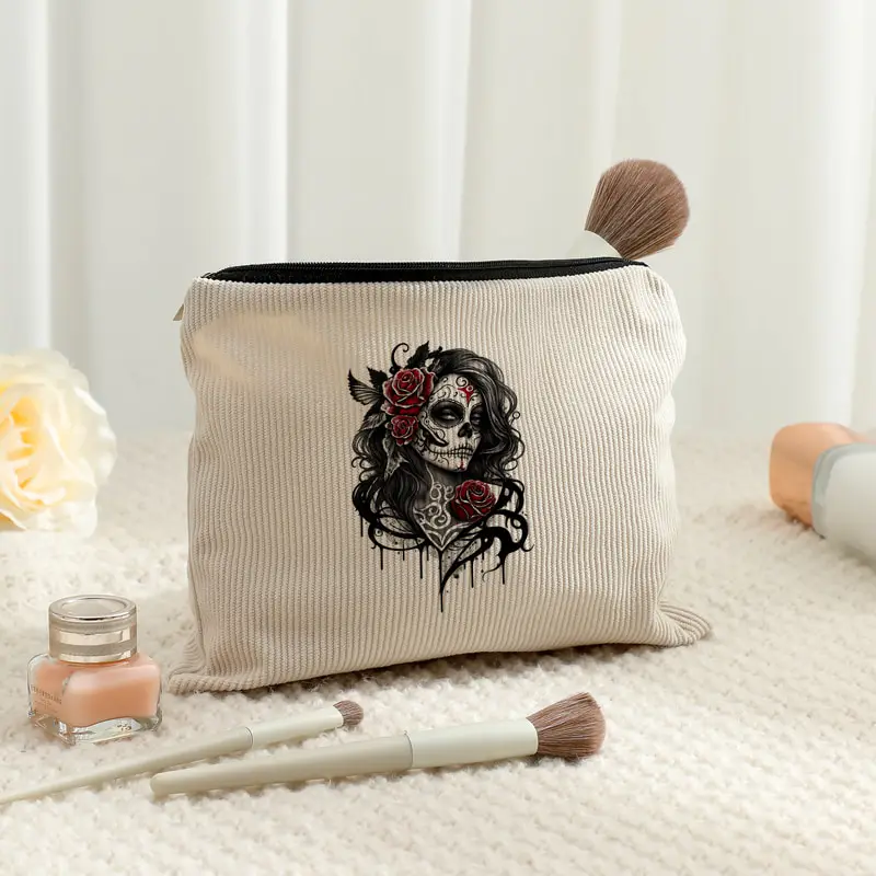 Gothic Sugar Skull Red Rose Corduroy Makeup Bag Dark Style Lady Skull Zipper Cosmetic Pouch Travel Toiletry Storage Purse