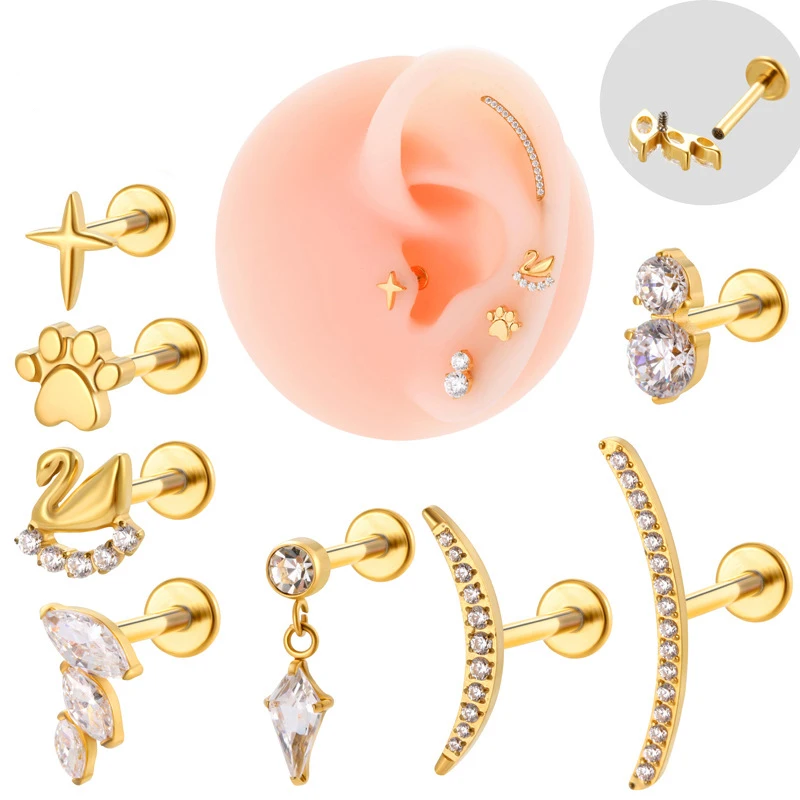 1PC G23 Titanium Piercing Labret Internal Thread Ear Studs Zircon Horse's Eye Lip Stud Helix Cartilage Tragus Stud Body Jewelry