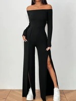 Conjunto de pantalones largos elegantes para mujer, ropa de oficina de Color sólido, pantalones de pierna ancha de cintura alta con abertura lateral de manga larga, 2 uds.