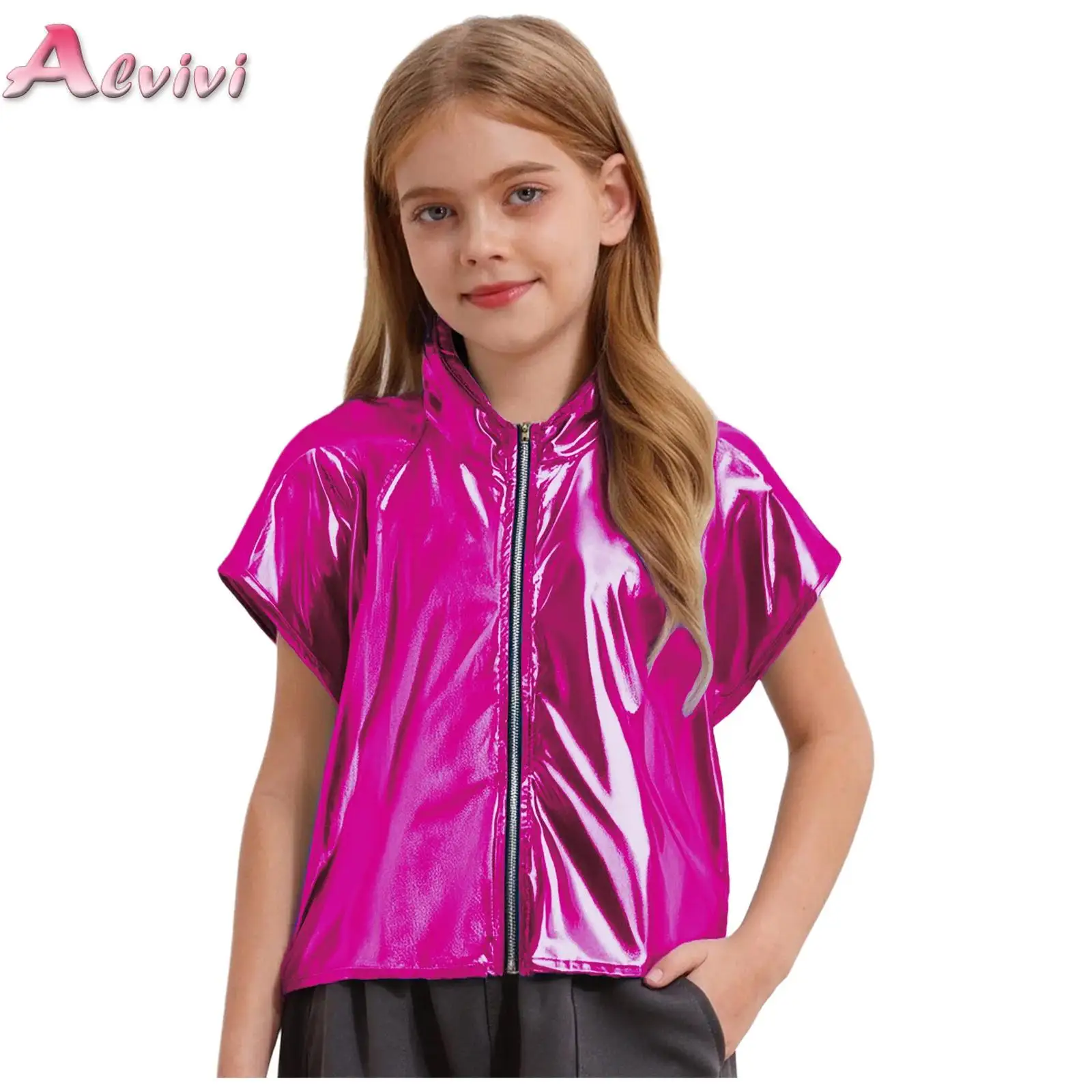 

Boys Girls Metallic Hooded Vest Jazz Dance Costume Children Dancewear Performance Waistcoat Modern Dancing Clothes Kids Hoodie