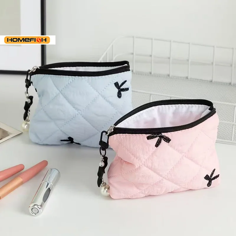 HOMEFISH Gesteppte Schleifen-Make-up-Tasche, Tragbare Reise-Tasche für Lippenstift, Kopfhörer, Kleine Gegenstände, Exquisite Handtasche – Detail 5