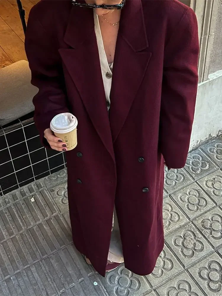 

Women's Burgundy Faux Woolen Overcoat with Belt Vintage Lapel Full Sleeve Double Breasted Trench Coat Fall Winter Chic Outwear